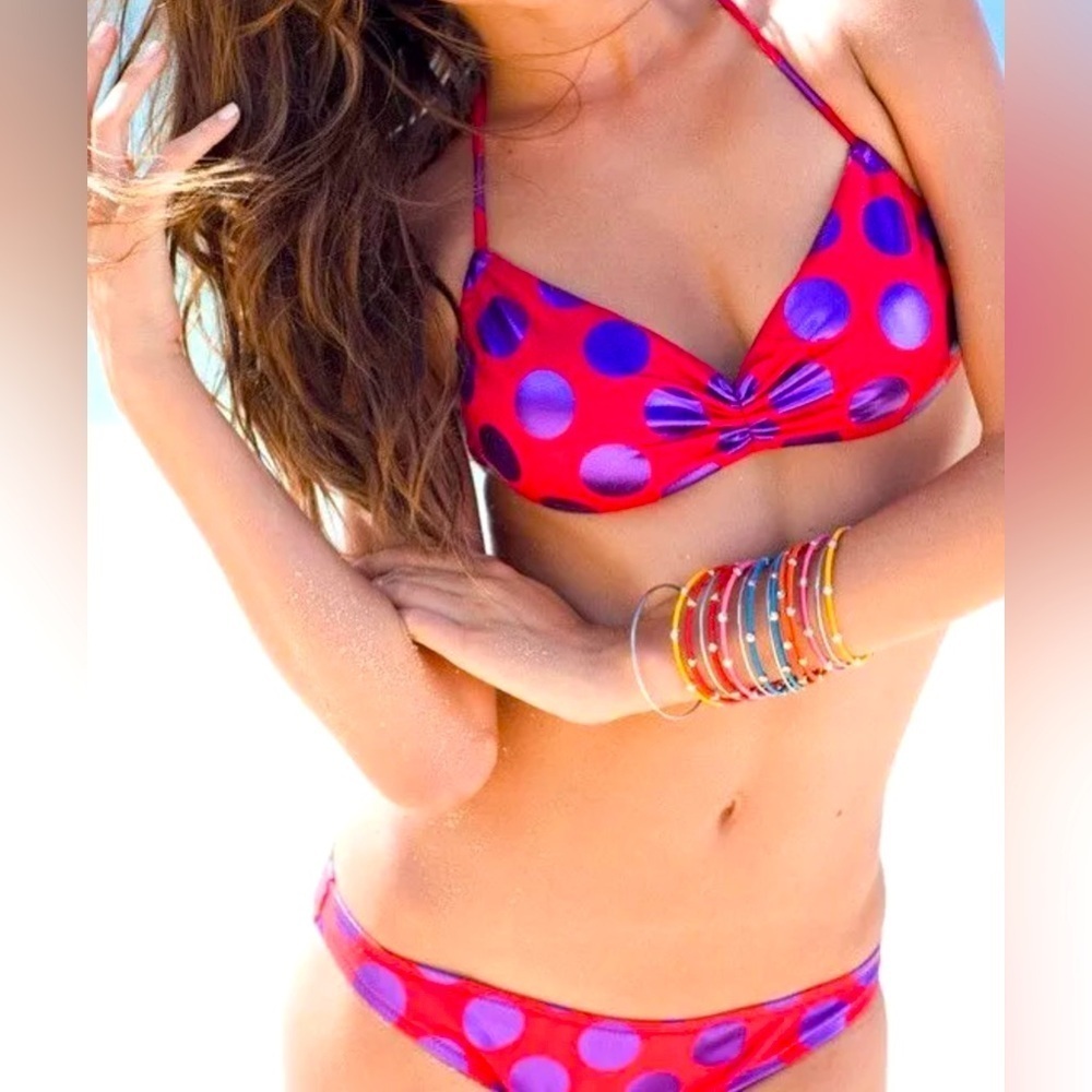 Victoria Secret- Red w/ Purple Foil Polka Dot Bikini Large Top w/ Med bottom.